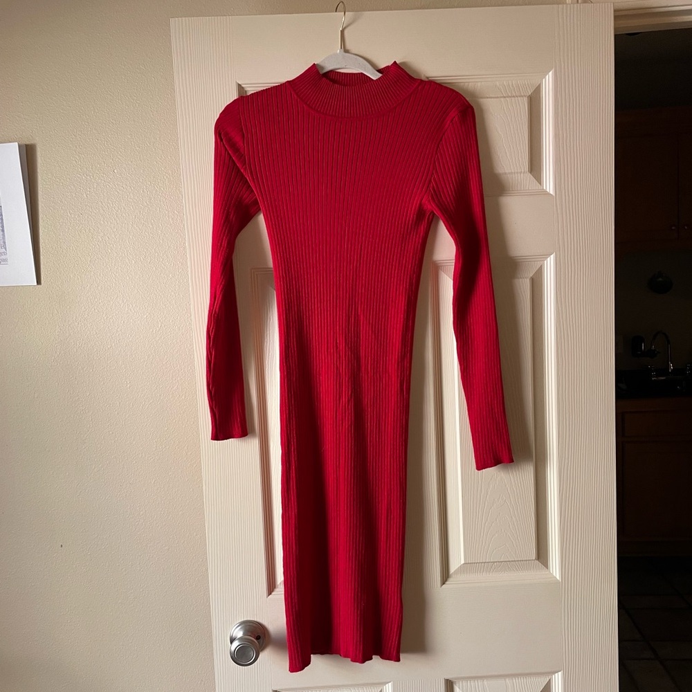 Candies Red Mock Turtle Neck Fitted Long Sleeve Midi Ribbed Knit Sweater Dress